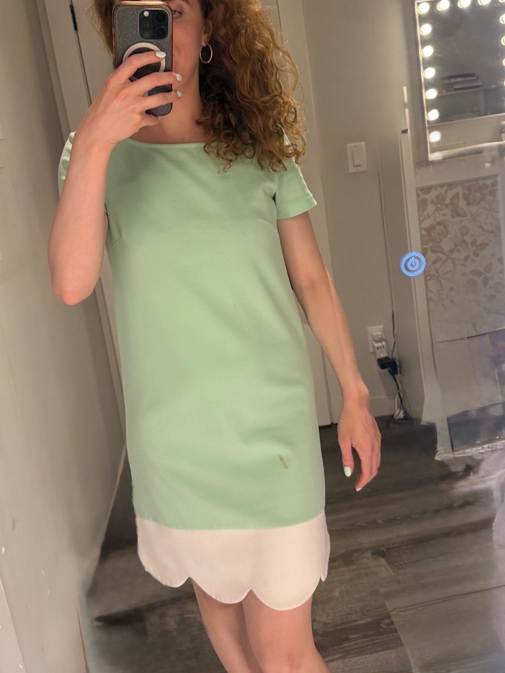 icone Mint Green and White Scallop-Hem Short Sleeve Shift Dress